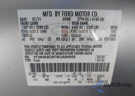 2011 Ford Explorer Xlt from USA, damaged, VIN 1FMHK8D87BGA89955